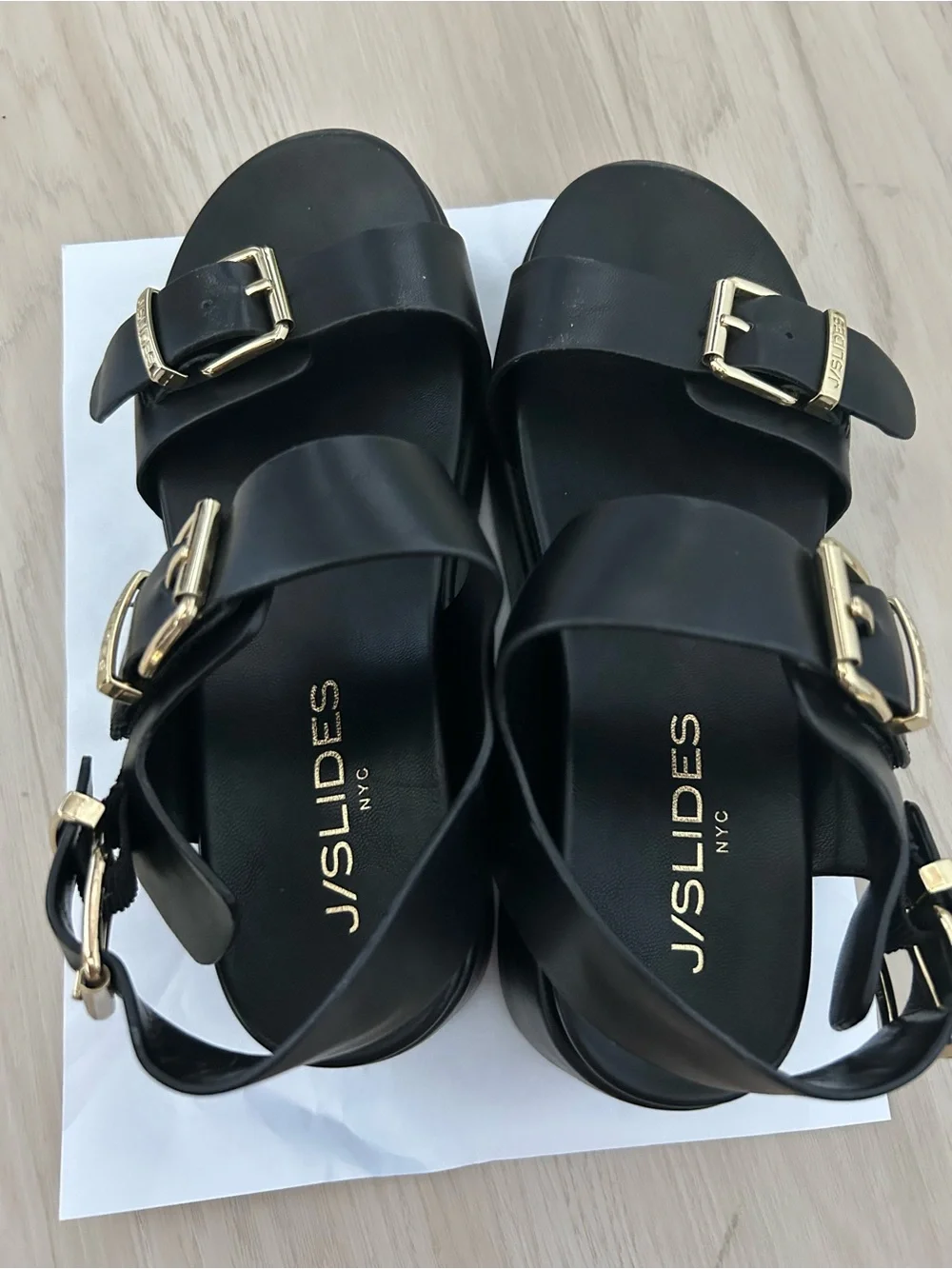 J Slides Black Platform Dual-Buckle Sandal with Gold Hardware
